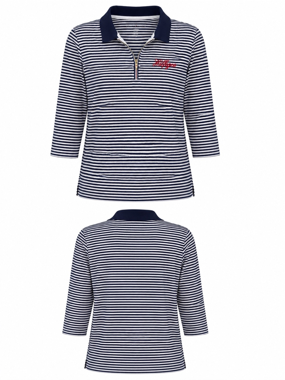 Tommy Hilfiger Women’s Striped Quarter Zip Polo Top Navy White 3/4 Sleeve Medium - Picture 5 of 11